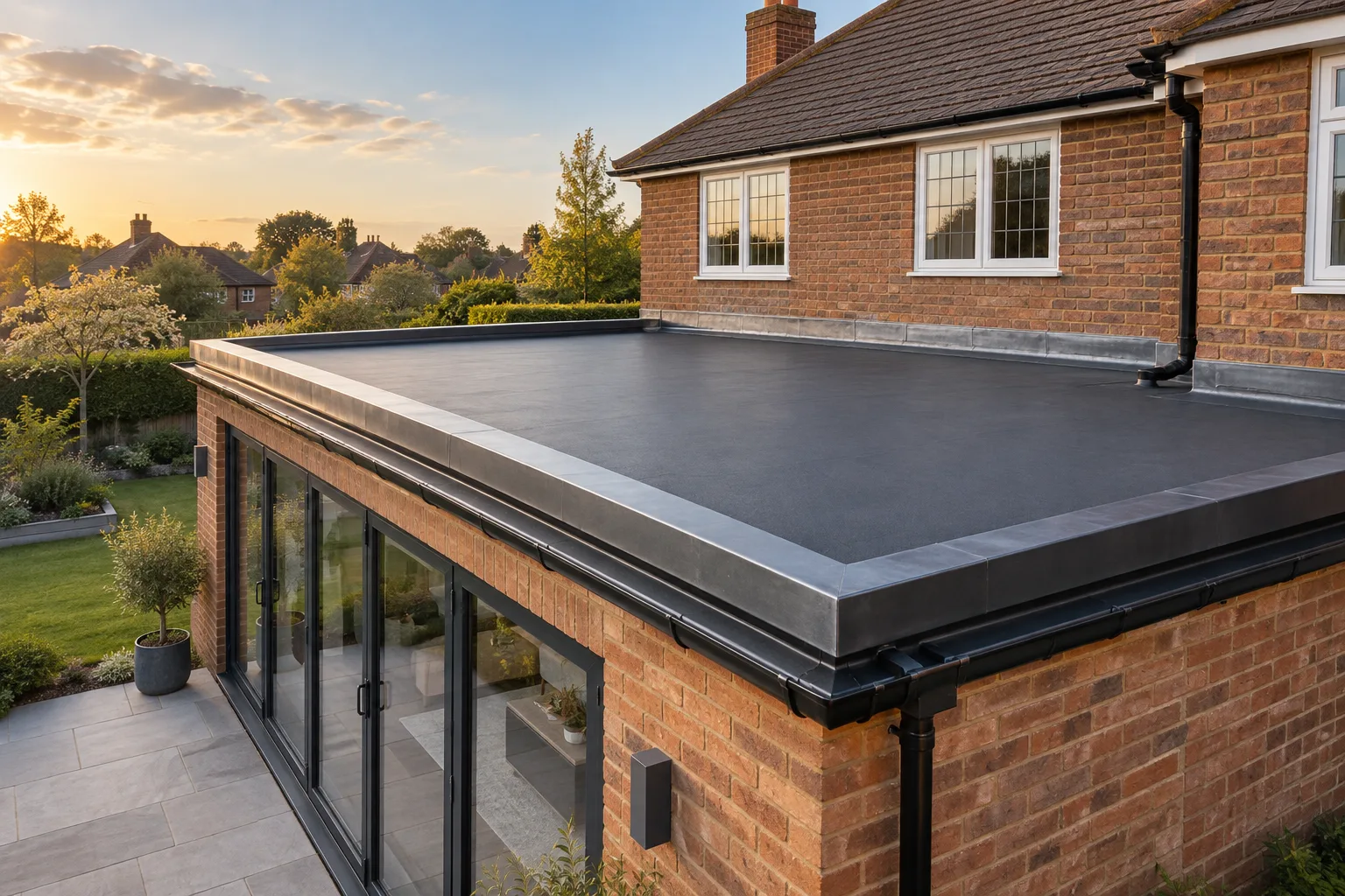 Completed flat roof on a brick home extension